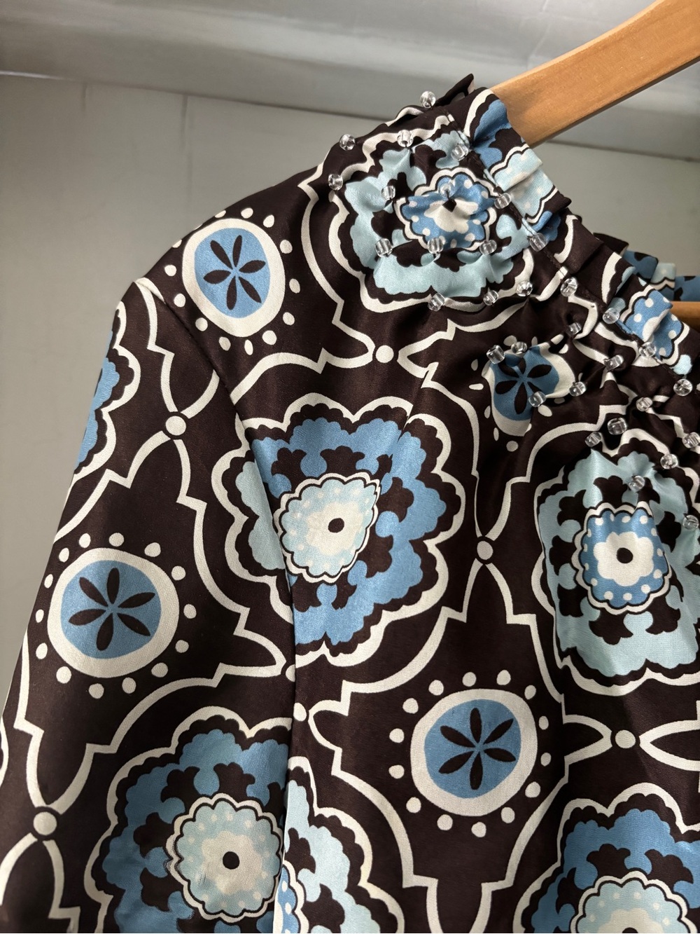 Tory Burch Silk Triple Tie Blouse Moroccan Print Brown Blue Size 2 - Picture 5 of 15